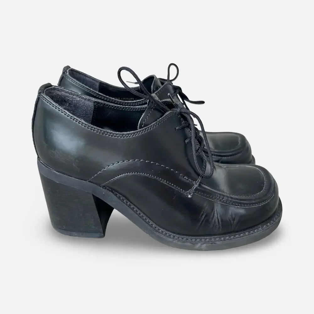 Vintage Y2K Steve Madden Black Leather Chunky Heel Oxford Shoes Size 7.5 grunge
